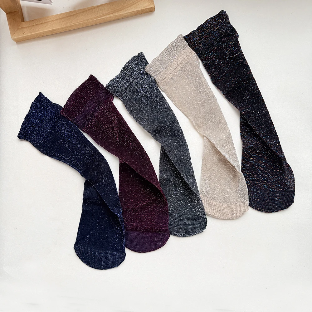 5 Paar/Set Damen Dünne Transparente Sommer Atmungsaktive Sexy Glänzende Socken Koreanischer Stil Seidensocken Luxus-Design Elastische Socken – Detail 4