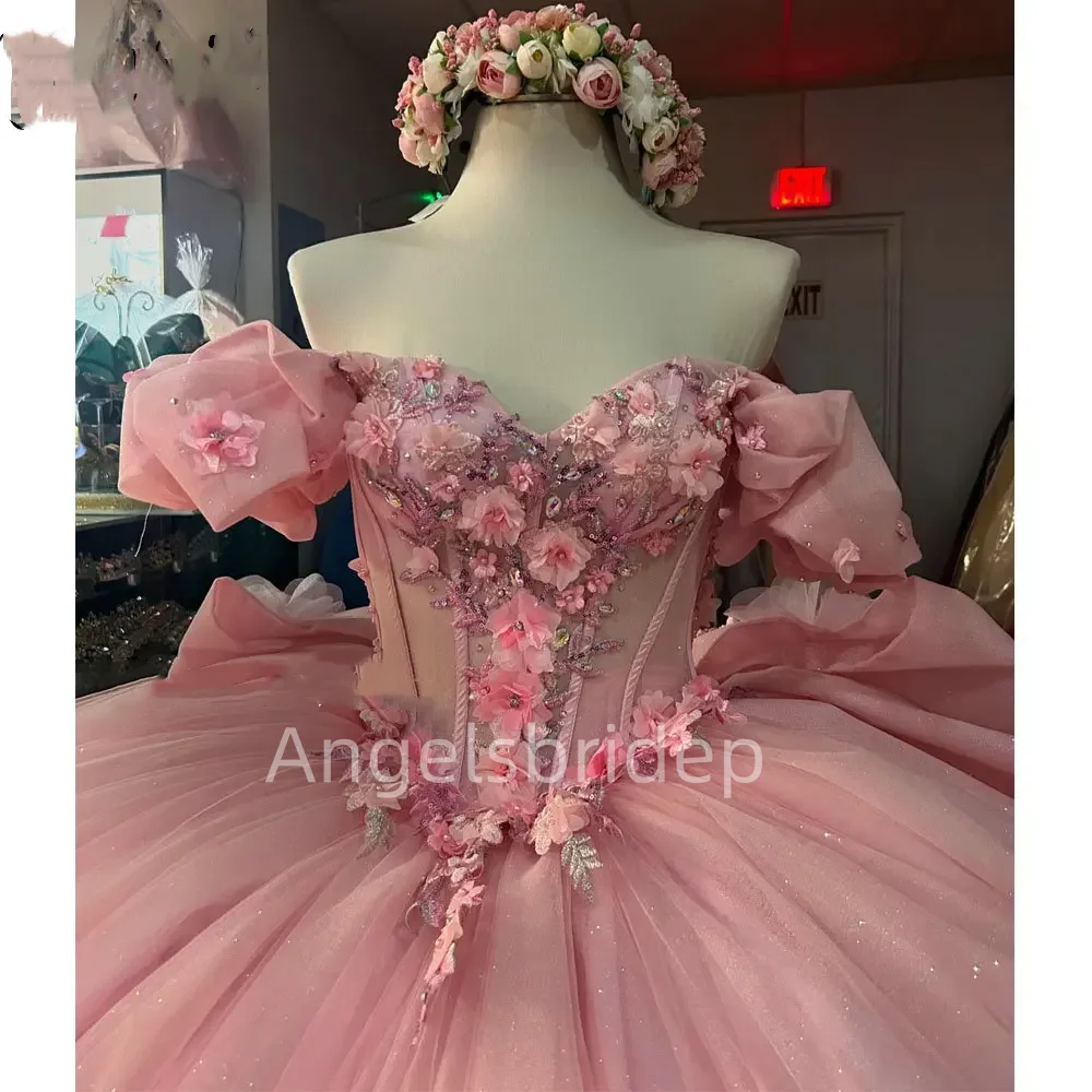 Angelsbridep Luxury Long Train Pink Ball Gown Quinceanera Dresses 2025 With 3D Handmade Flower Sweet 16 Vestido De 15 Anos