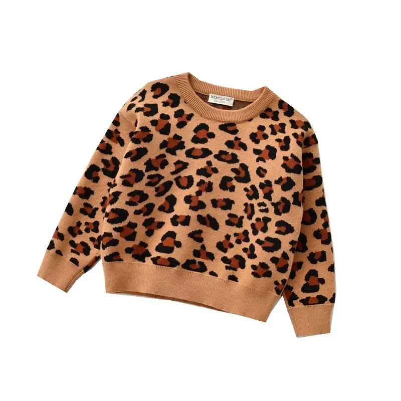 New Baby Pullover Sweater Korean Version of Children Long Sleeved Top Round Neck Leopard Print Children Sweater Knitted Sweater