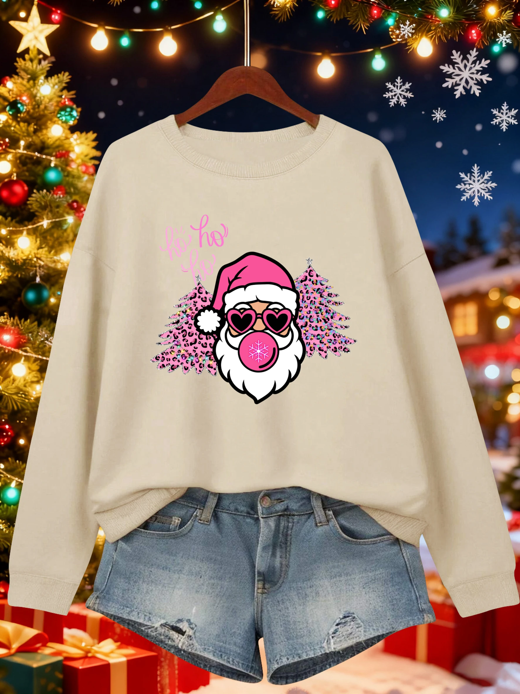 عيد ميلاد سعيد شجرة سانتا كلوز طباعة المرأة البلوز الصوف س الرقبة البلوز كل مباراة ملابس فضفاضة الخريف ملابس الشارع الشهير غير رسمية
