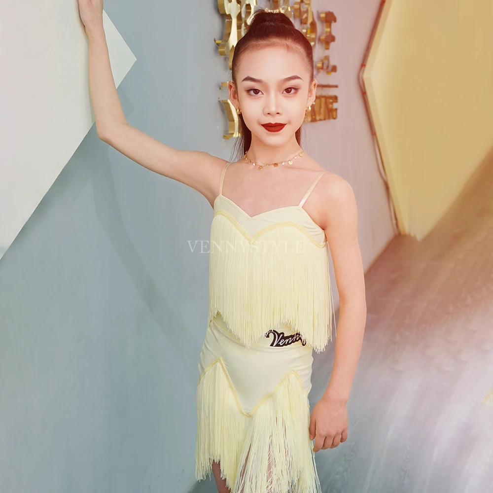 

Vennystyle Girls Latin Dance Costume Yellow Fringe Professional Performance Outfit Spring Summer New Design Kids Practice Wear