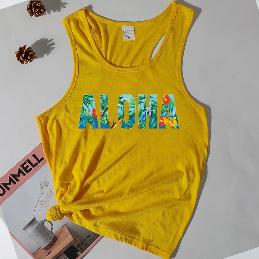 Hawaii Beach Tank Top Women Classic Vintage Sunset Coconut Tree Summer Hawaii Tops Women Clothing Print White Top L M