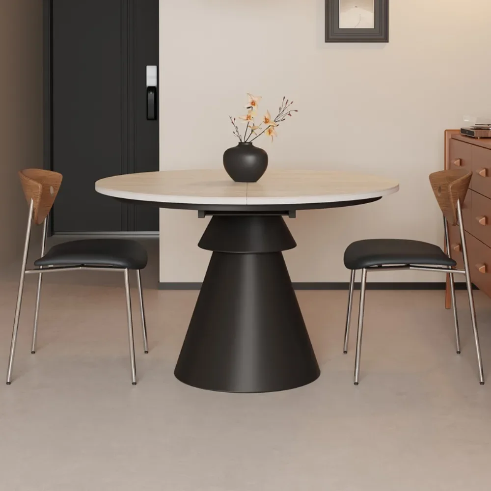 Retro medieval retractable round dining table travertine rock slab small apartment foldable stretch oval Japanese household