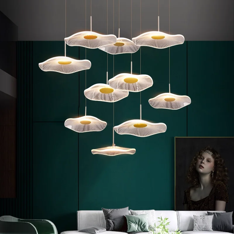 

Gold Acrylic Nordic Designer LED Pendant Chandelier Lighting for Living Room and Staircase Suspension Fixture Home Decor