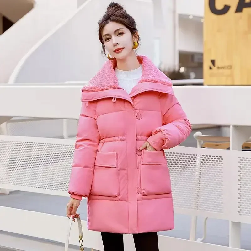 เบาะQuilted Coatsสําหรับผู้หญิงความยาวปานกลางแจ็คเก็ตผ้าฝ้ายหนาราคาถูกมีElegant Cold 2025 Trend Luxury Hot Parkasผู้หญิง