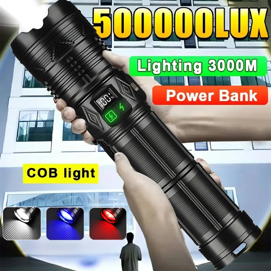 500000LM LED Flashlight High-power USB C Rechargeable Tactical Torch Telescopic Zoom Flashlight Outdoor Camping Fishing Lantern