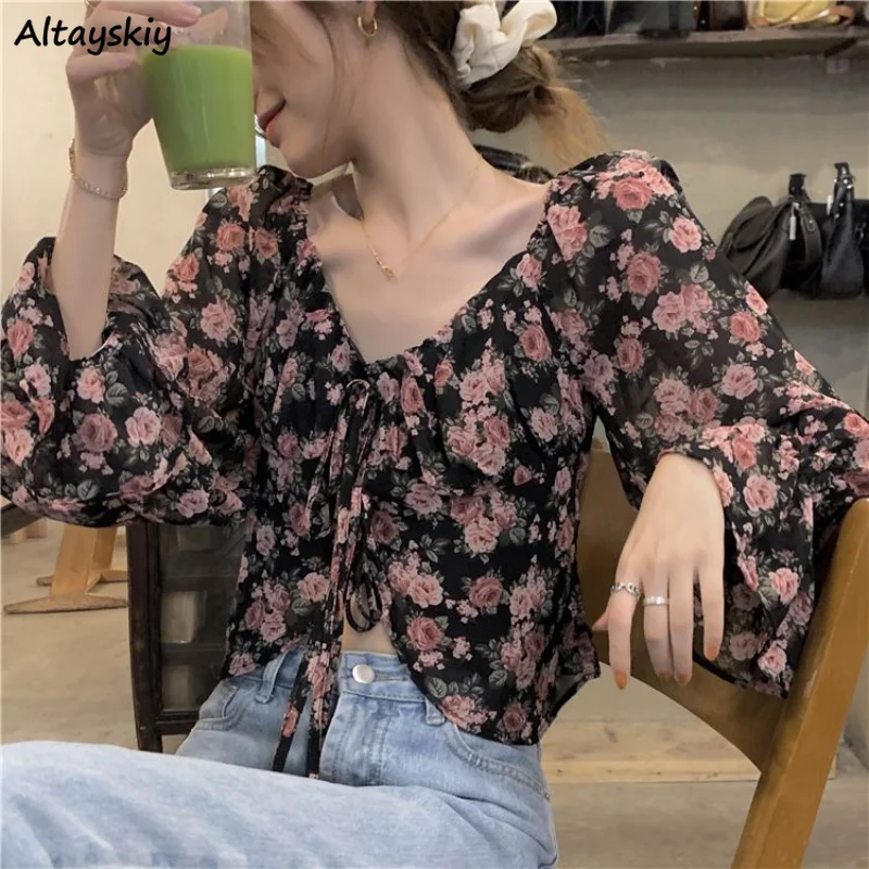 Floral Long-sleeve Blouses Women Crop Tops Vintage Slim Fashion Bandage Temperament Casual All-match Female French Style Tender