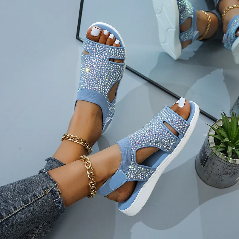 Nuovi sandali da donna estivi moda tessuto volante elasticizzato strass casual donna appartamenti scarpe da spiaggia da donna taglia grande 36-43