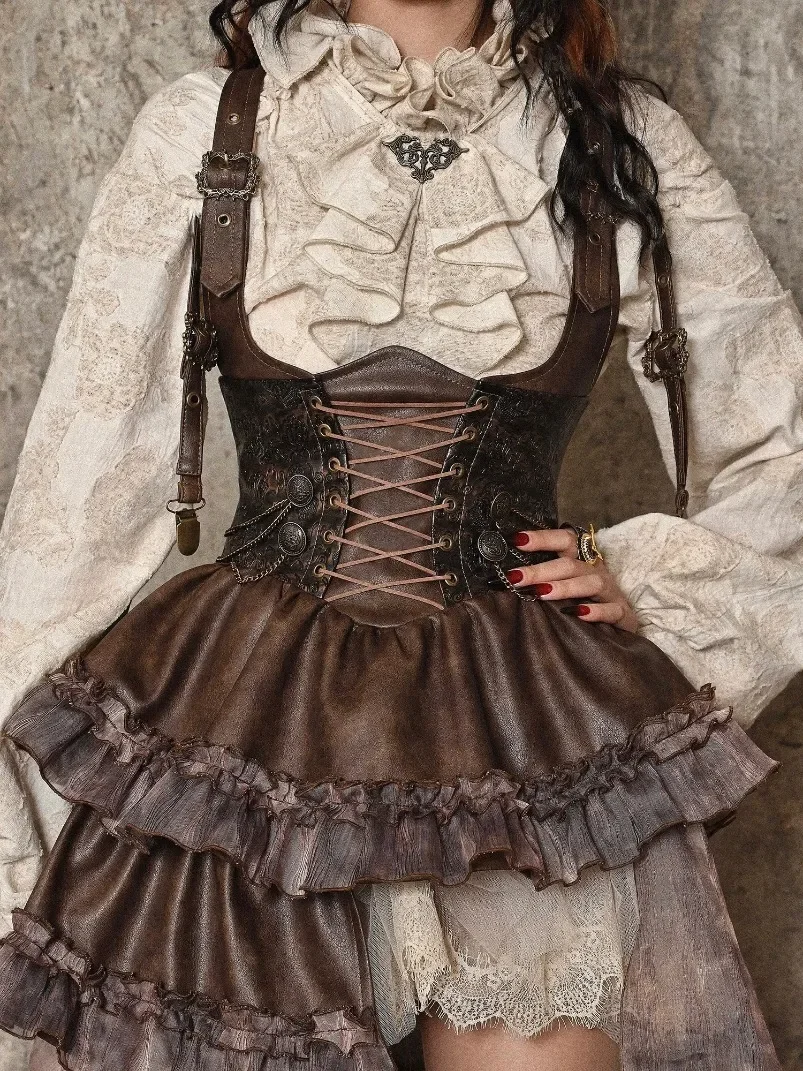 

Punk Style Do Old Stand Collar Ruffle Edge Cotton Linen Shirt Asymmetrical PU Chest Support Strap Autumn New Trailing Dress Set