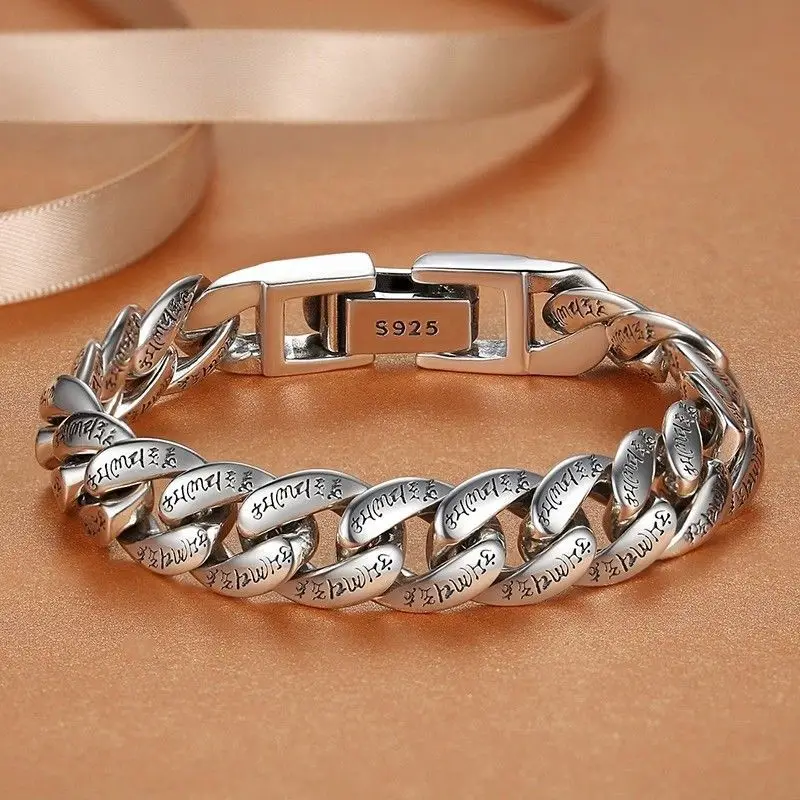S925 Sterling Silver Six-Character Mantra Personalized Peace Pattern Hip Hop Man Bracelet Wide Version Jewelry Accessories