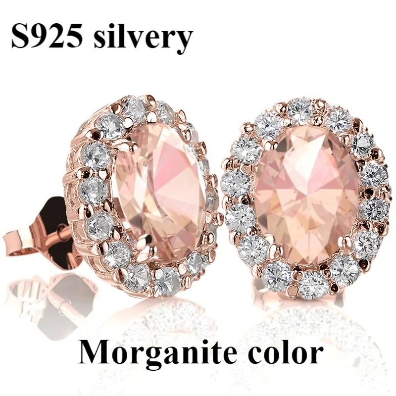 100% 925 الفضة مورغانيتي اللون البيضاوي ارتفع الذهب مطلي أقراط أنيقة النساء حفل زفاف هدية عيد ميلاد الأقراط الكورية #2