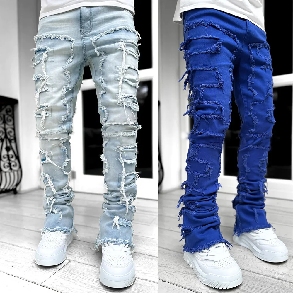 European and American street fashion ins hot style elastic patch denim straight-leg pants new men's fashion retro denim trousers