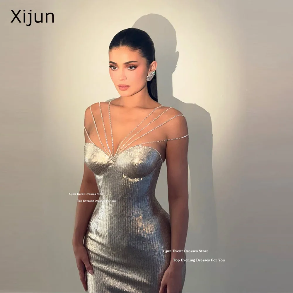 

Xijun Sexy Silver Mermaid Evening Dresses Sequined Sleeveless Beads Long Prom Dresses Sweetheart Formal Prom Gowns Customized