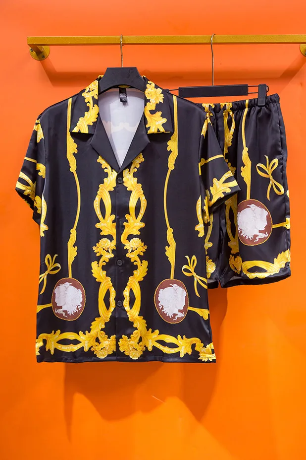 Luxury Men's Social Hawaiian Shirt Sets Fashion Lapel Short Sleeve Top Shorts 2 Piece Outfit Casual Loose Men Suit Clothing S