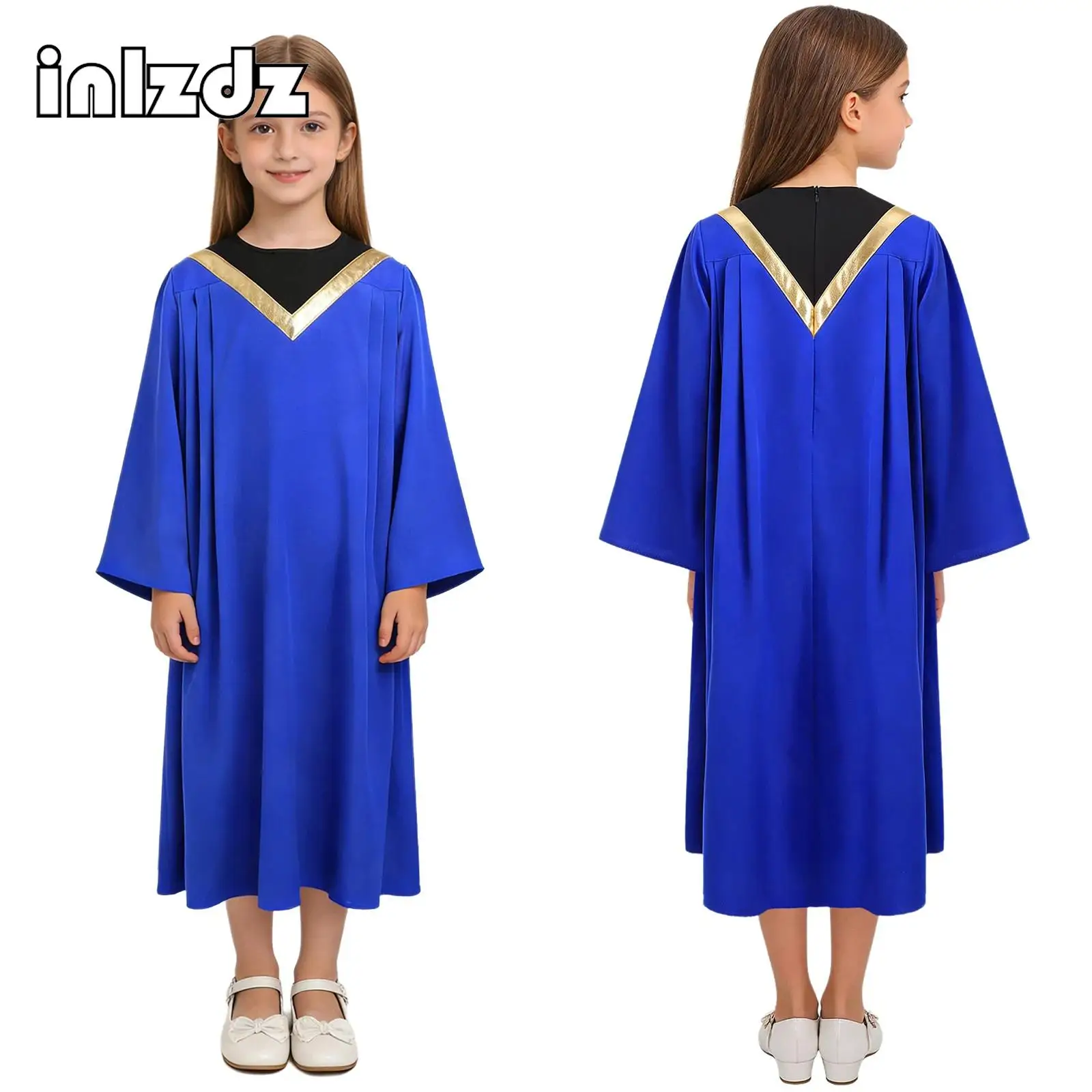 

Kids Boys Girls Church Choir Performance Robe Contrast Color Long Flared Sleeves Metallic Trim Loose Grown for School Stage Show