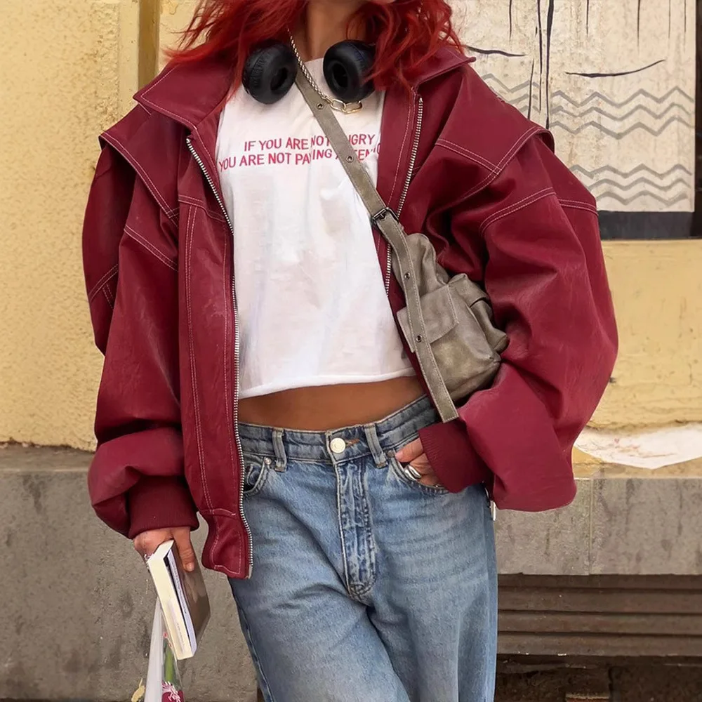 Chaquetas de piel sintética para mujer, abrigos holgados con cuello vuelto y cremallera lisa, cárdigan de calle empalmado de manga larga con cremallera para otoño
