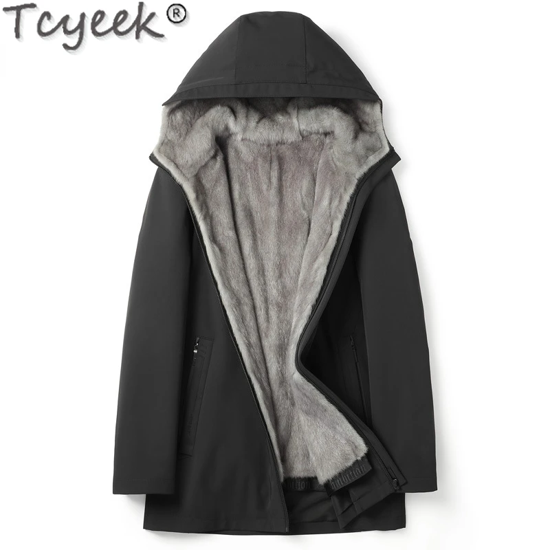 

Tcyeek Natural Mink Fur Coat Men Mid-length Men's Parka Winter Jacket L-5XL Fashion Hooded Whole Grey Mink Coats Slim Fit