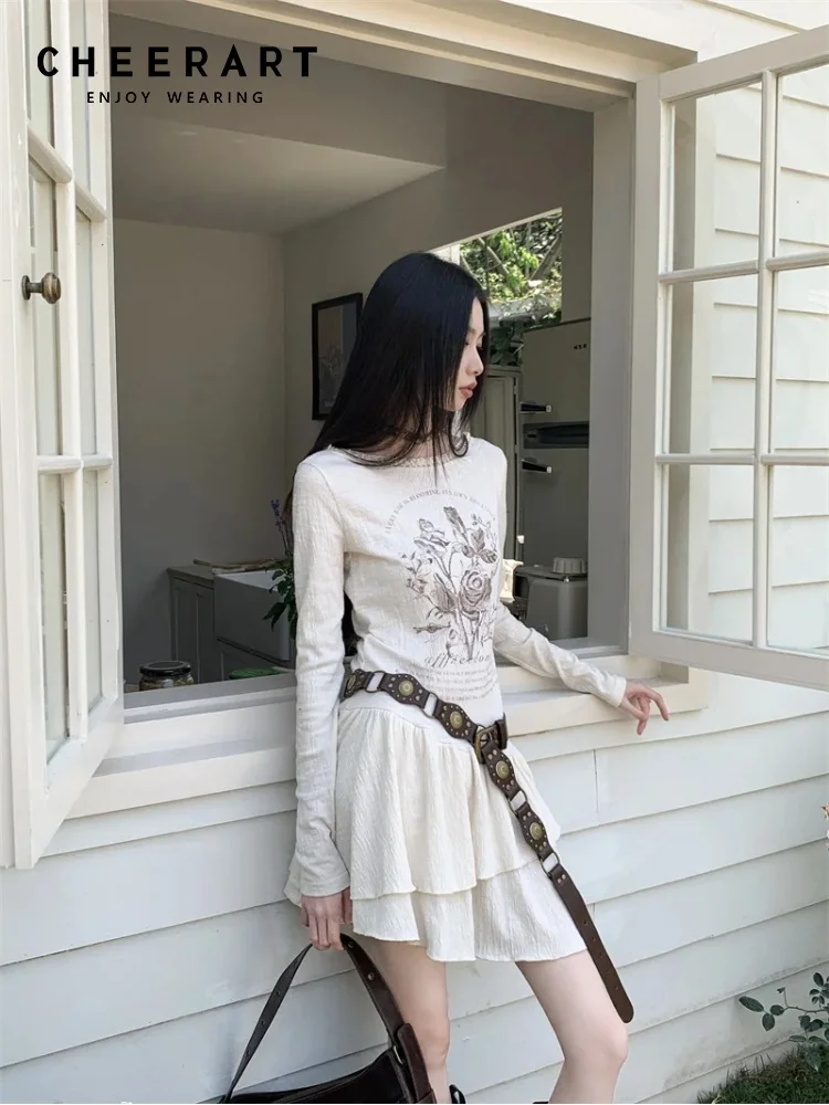 CHEERART Fall Clothes 2024 Women Long Sleeve Short Dress Beige Patchwork Tutu Graphic T Shirt Mini Dress Fashion Designer