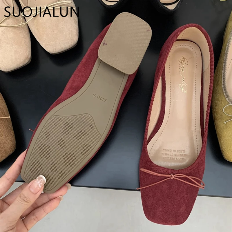 SUOJIALUN New Brand Women Flat Shoes Fashion Round Toe Shallow Slip On Ladies Ballerinas Shoes Casual Square Low Heel Ballet Sho