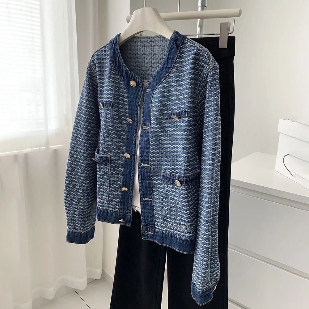Round Neck Single Breasted Denim Jackets for Women Spring Trendy Blue White Tweed Denim Coats Button Design Casual Outerwear