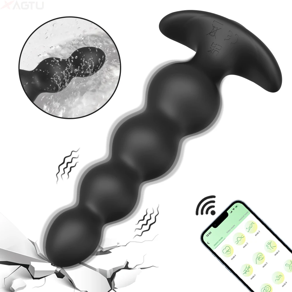 APP 남녀공용 진동 항문 구슬 엉덩이 플러그, 부드러운 실리콘 자위기, 전립선 마사지기, 항문 공