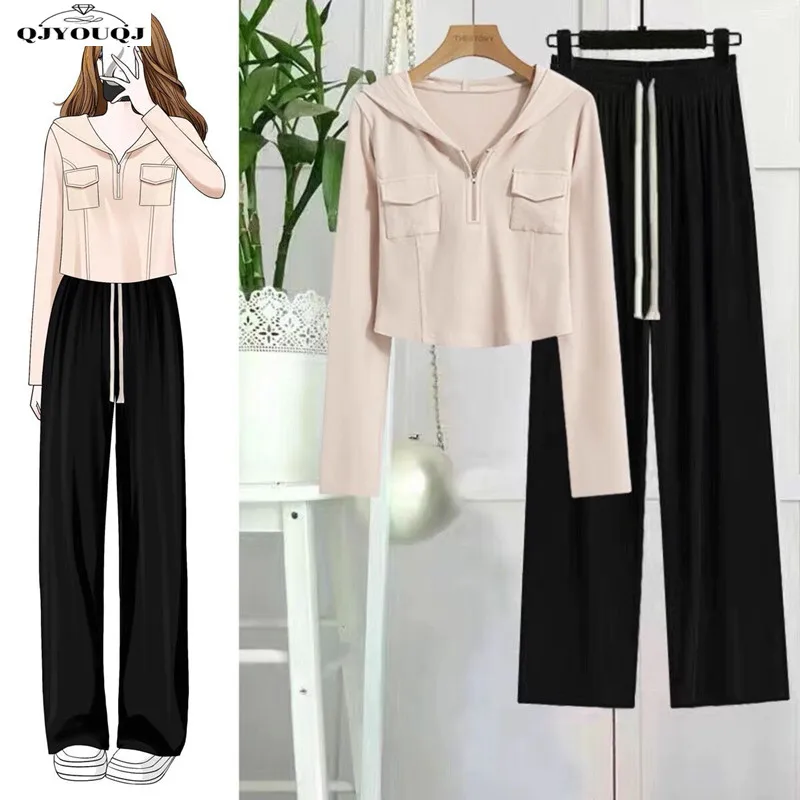 

2023 Spring and Autumn Set New Spicy Girl Versatile Half Zipper Hoodie+Casual Wide Leg Pants Two Piece Set