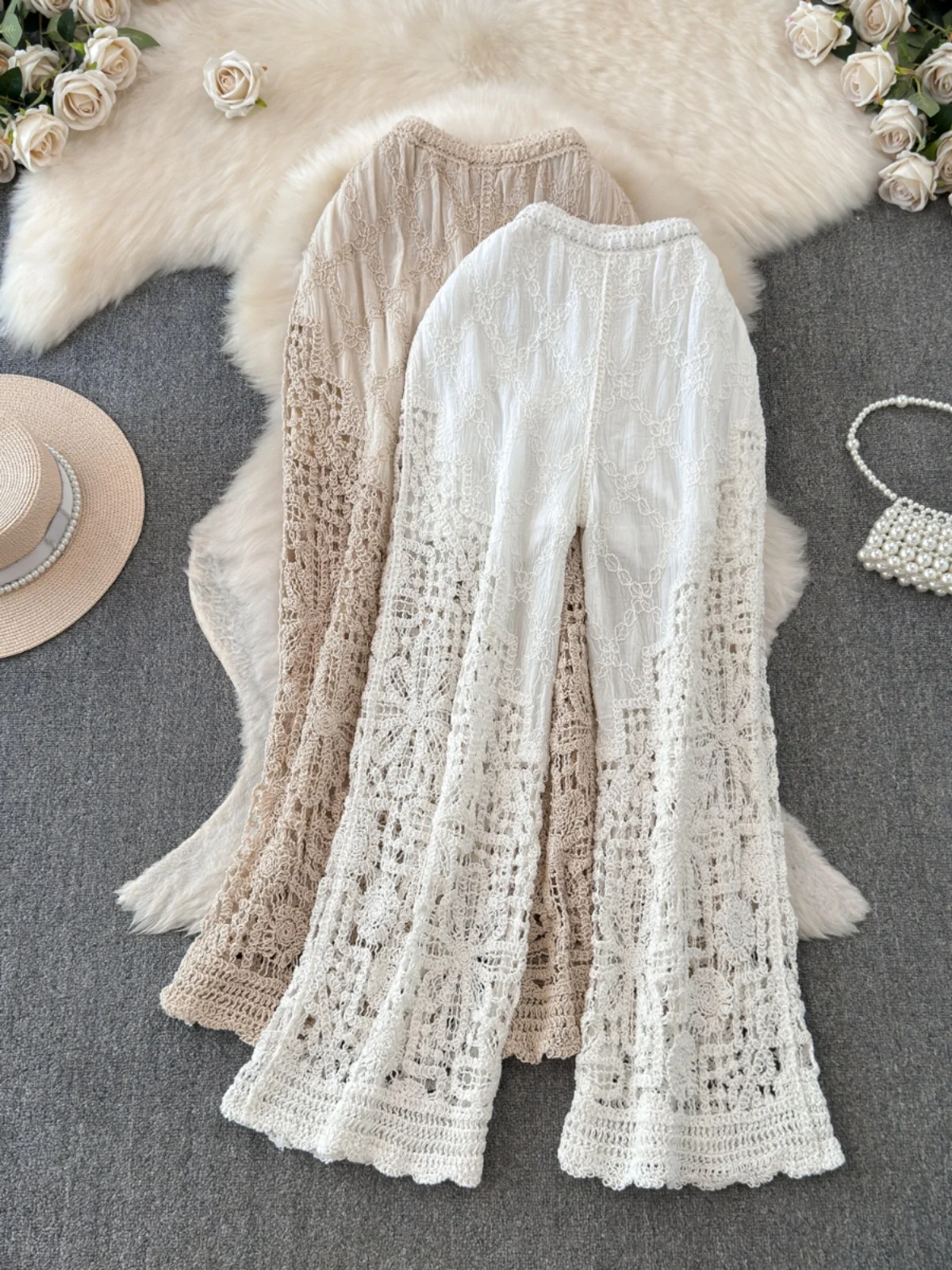 

Beach Vaion High Waist Knitted Hollow out Wide Leg Pants Korean Sle Summer Casual Long Pants Slimming Effect