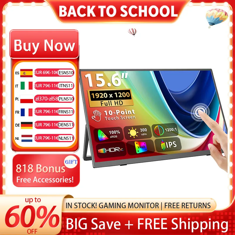 UPERFECT 15,6 Zoll 1920*1080 Touchscreen IPS Sekundärbildschirm Tragbarer Monitor 100% SRGB USB C HDMI 10-Punkt-Touch Kleiner Computerbildschirm für Gaming PC Telefon Laptop Zeichnen mit 2