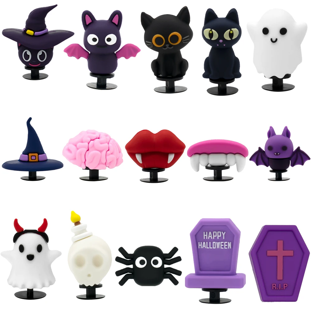 1/15pcs 3D Halloween Party Horrible Shoe Accessories Black Cat Ghost Witch Shoe Charms Woman Men Kids Pins Buckle Decorations