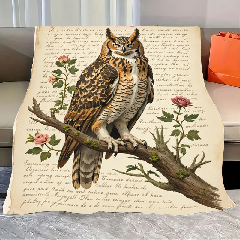 

1pc Flannel Blanket Vintage Owl on Branch with Roses Soft Cozy Throw Blanket for Home Decor
