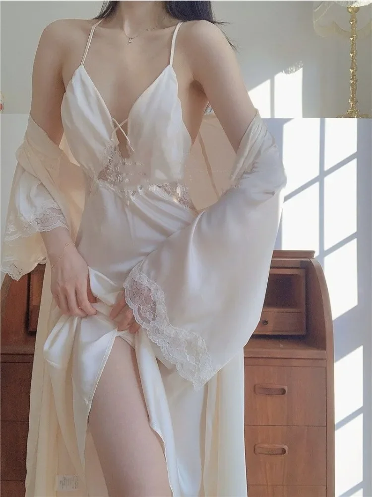 

French Elegant Sexy Nightgown Dress Female Ice Silk Sling New Thin Section of Home Wear Morning Robe Ladies Casual Sleepwear