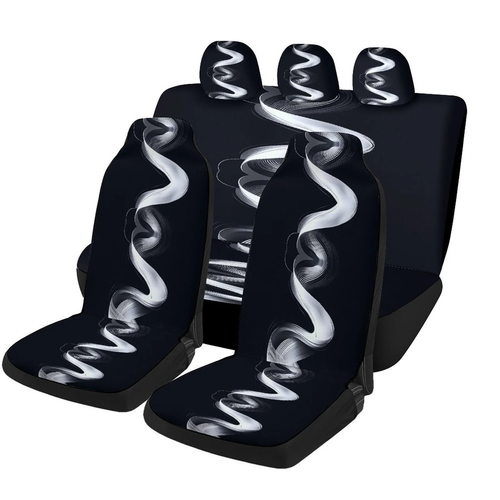 Set Of Car Seat Covers Featuring Silver Wave Patterns, Suitable For A Variety Of Vehicles. Stylish And Unique, These Full Set Co