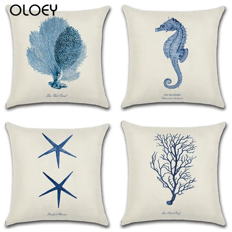 Hand-Painted Marine Coral/Starfish Prints 45*45cm Cushion Cover Linen Throw Pillow Car Home Decoration Decorative Pillowcase