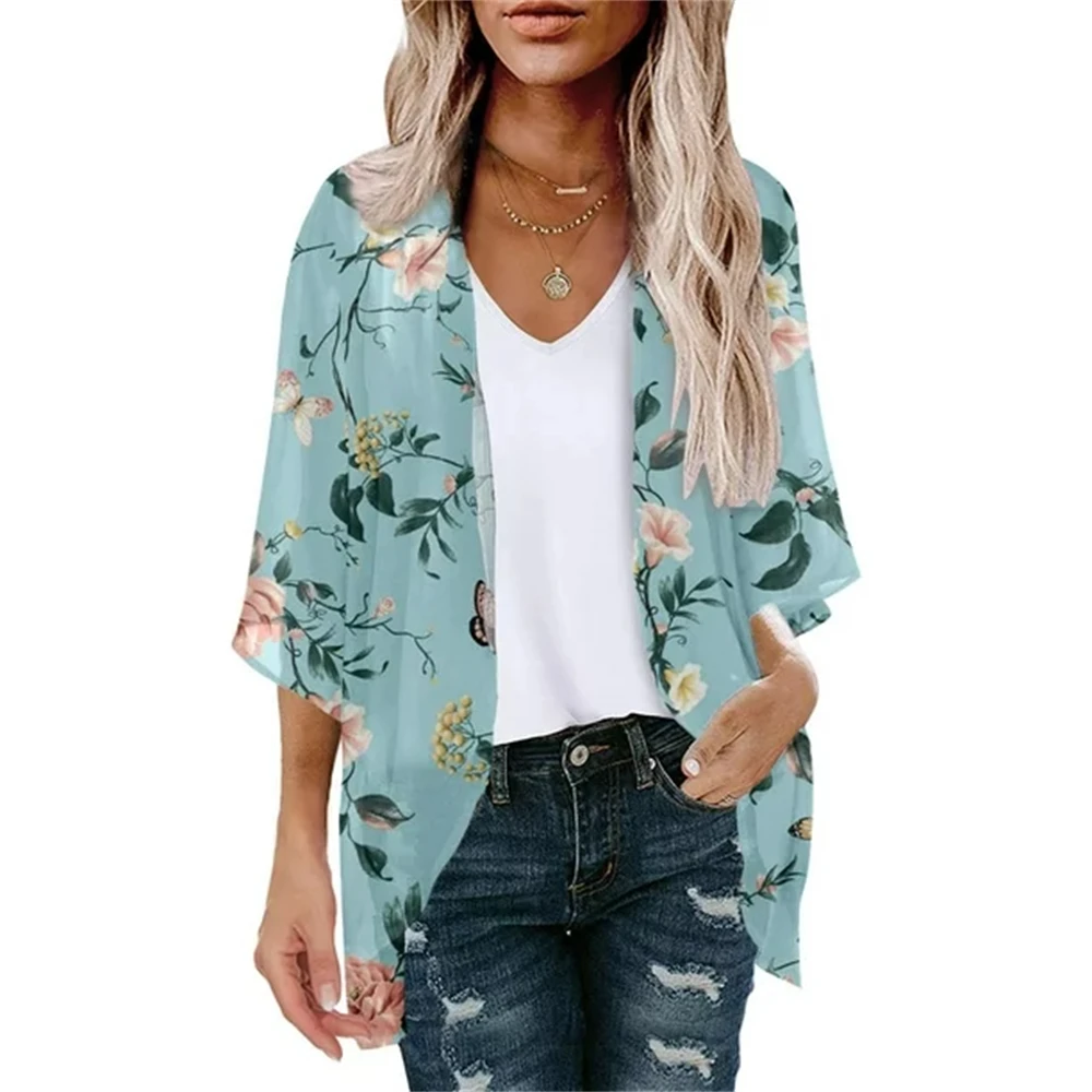 

New Women's Floral Print Cardigan Shirts Kimono Loose Casual Chiffon Cover ups Breathable Summer Beach Open Front Tops 2024