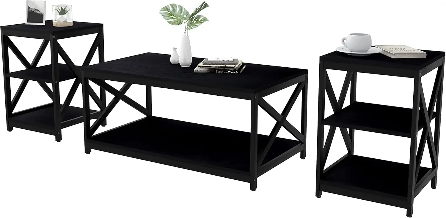 Living Room Coffee Table Set of 3, Industrial X-Design Coffee Table and 2 End Side Tables, 3 Piece Living Room Table Set