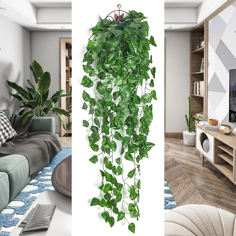Plantas artificiales, enredaderas para colgar en la pared, enredadera de simulación, colgante de pared, planta verde interior, decoración de pared, flor falsa, planta de ratán