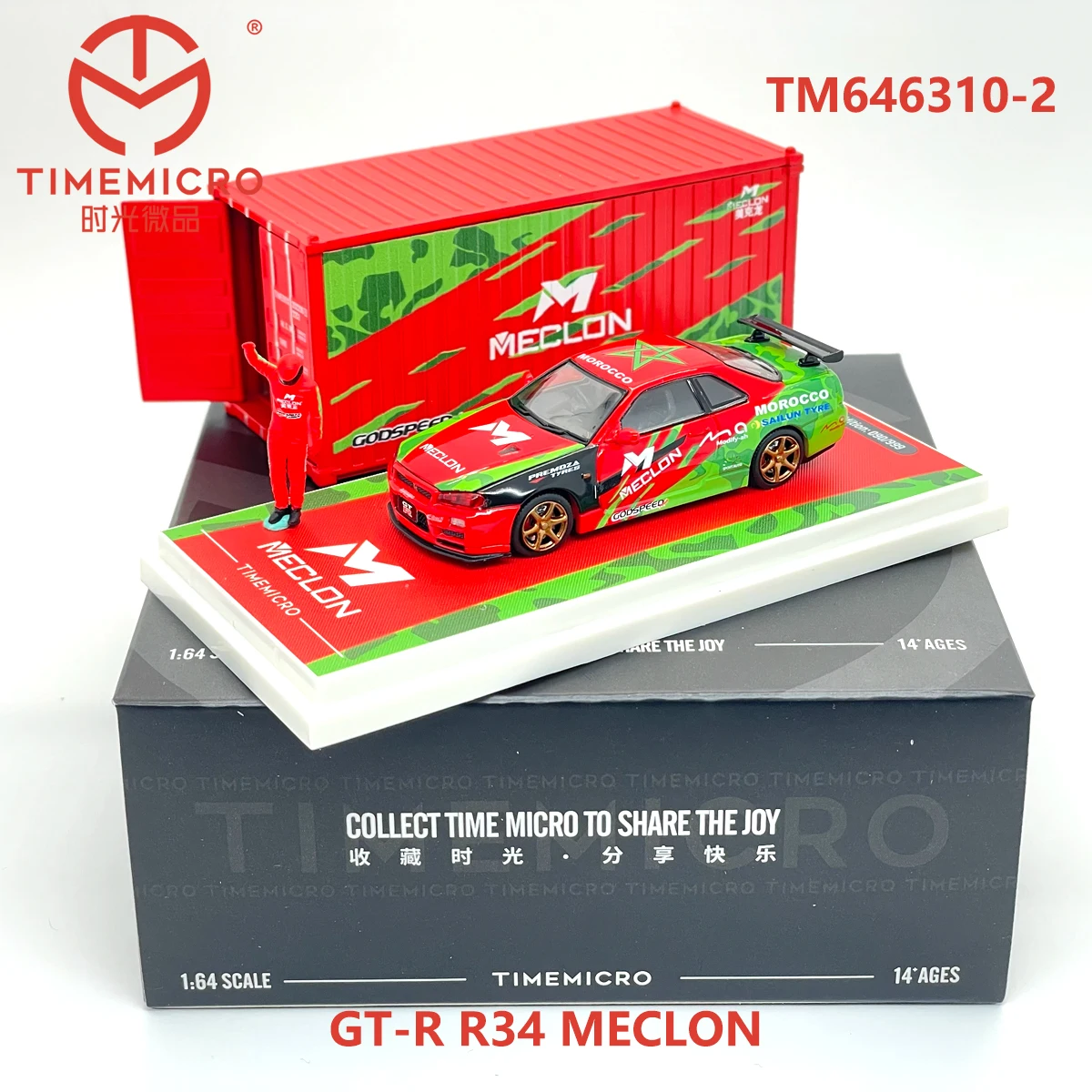 Time Micro 1:64 GT‑R R34 Meclon TM646310-2, открывающийся капот и багажник, с фигуркой и контейнером, коллекционная модель автомобиля из сплава, в наличии.