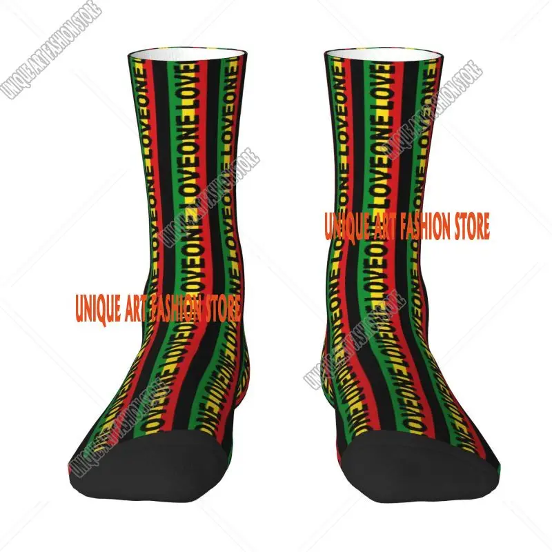 Fun Print One Love Reggae Jamaica Flag Socks for Women Men Stretchy Summer Autumn Winter Jamaican Rasta Stripe Crew Socks