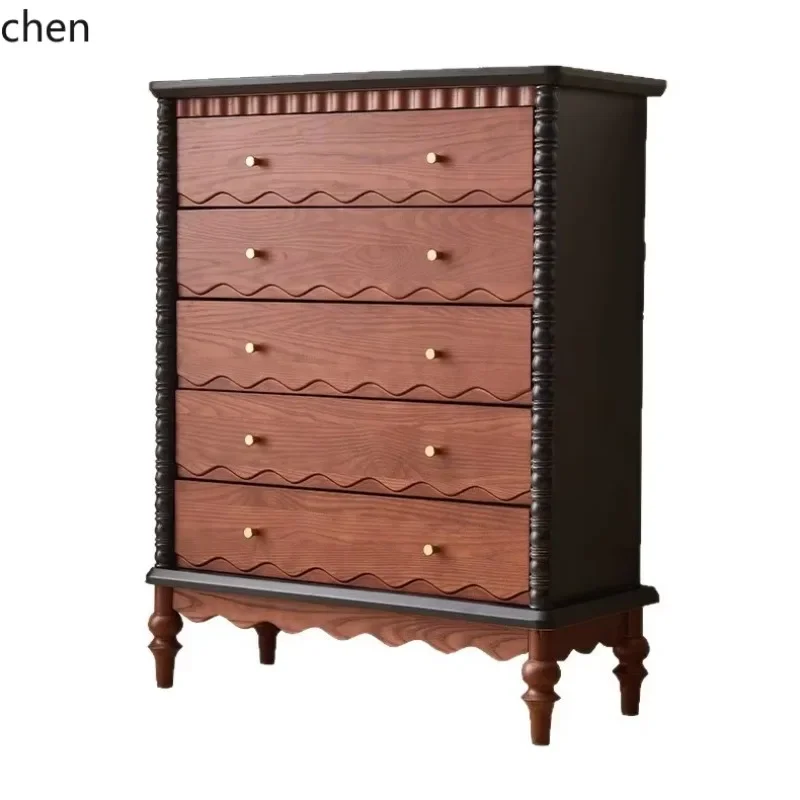 HYS Retro Solid Wood Five-Drawer Chest Vintage Living Room Chest Small Apartment Bedroom Bedside Bed End Cabinet