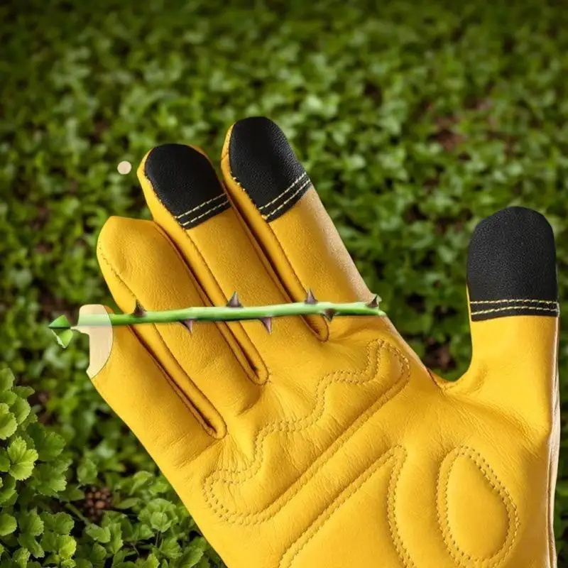 Robust Protection with Anti-Stab Cowhide Gloves; Ideal for Gardening, Pruning Roses, Picking Peppers, and Peeling Chestnuts