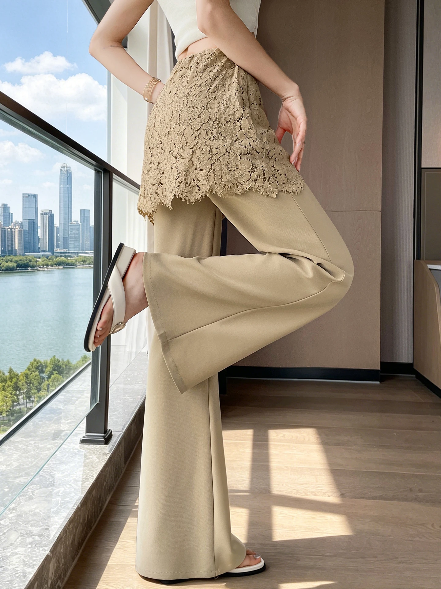 

Женские летние брюки-клеш с высокой талией и кружевом, новинка, эластичные, повседневные, широкие, стройнящие, универсальные, очень красивые