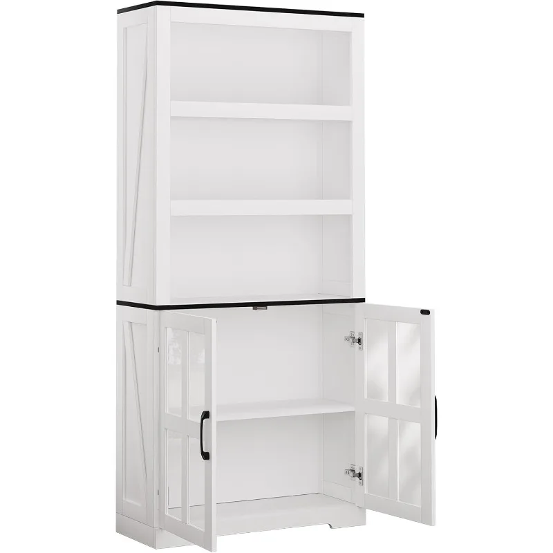 

68.9'' Book Shelf with Door 5 Tier Farmhouse Bookshelf with Glass Window, Wood Bookcase Bookshelves Kitchen Pantry