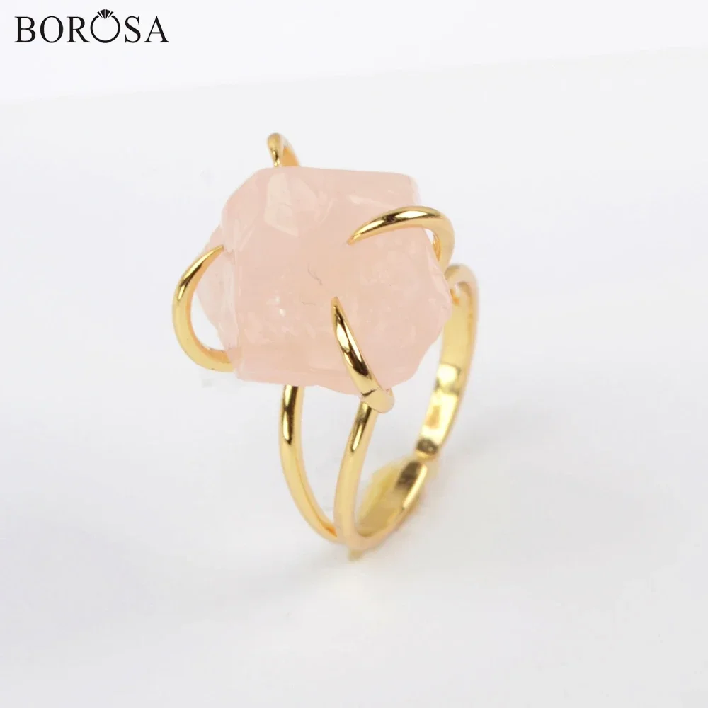 

7/10Pcs Golden/Silver Plated Natural Rose Quatrz Claw Ring Polished Gemstone Rings for Women Adjustable Rings