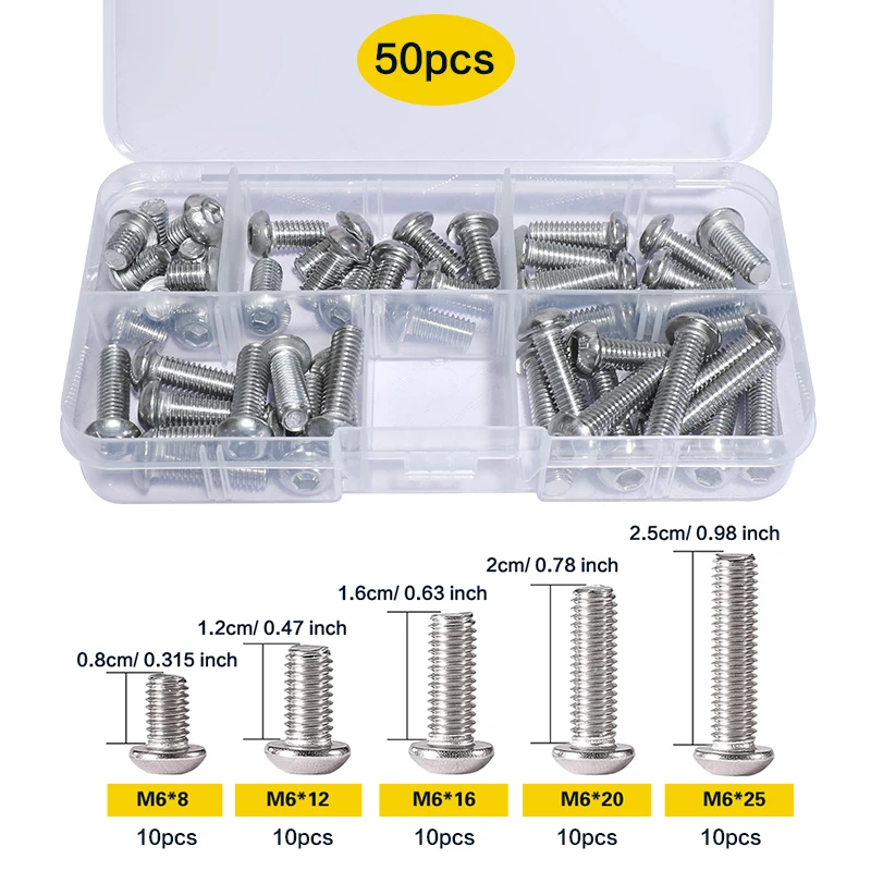 M6x8/ 12/ 16/ 20/ 25mm Button Head Socket Cap Screws Bolts, 304 Stainless Steel, Allen Hex Drive, Fully Threaded, Bright Finish