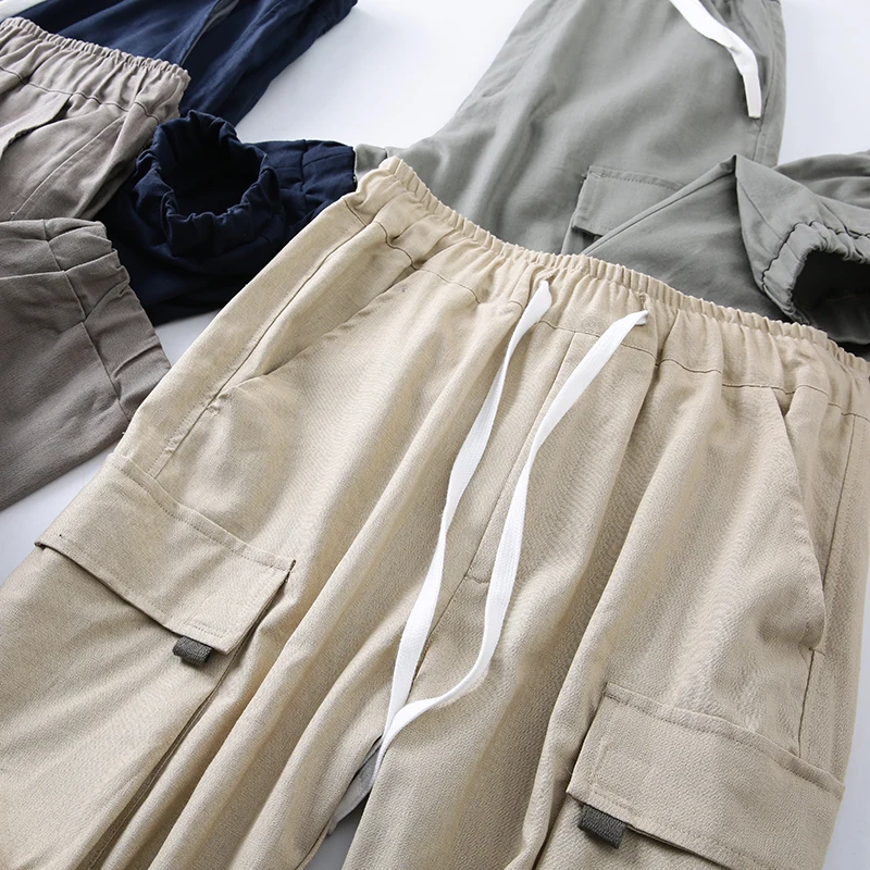 Cotton Linen Blend Casual Pants Men's Summer Fashion Elastic Waist Workwear Style Loose Fit Trousers Breathable Comfortable