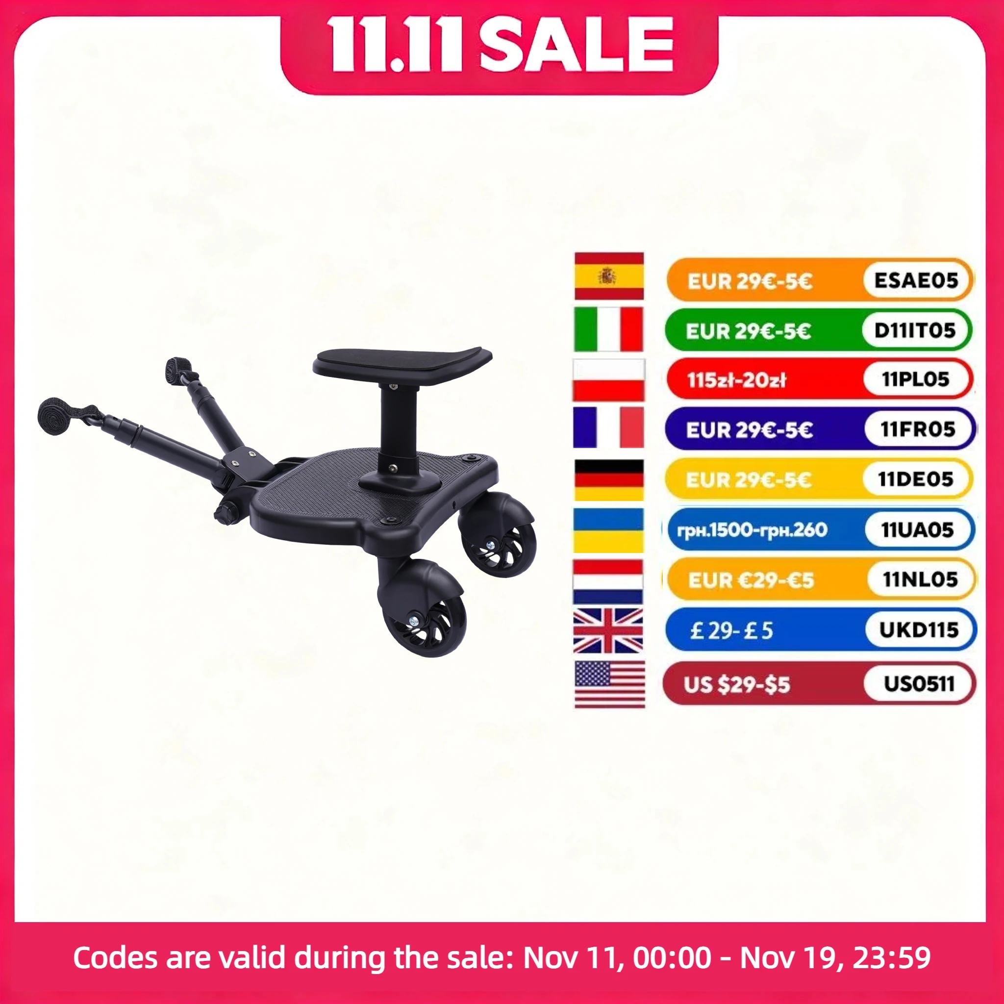 

Доска для коляски 2-в-1 Design Black 360 ° Вращающаяся доска для детской коляски 3-7 лет, максимальная нагрузка 25 кг, совместимая с большинством колясок