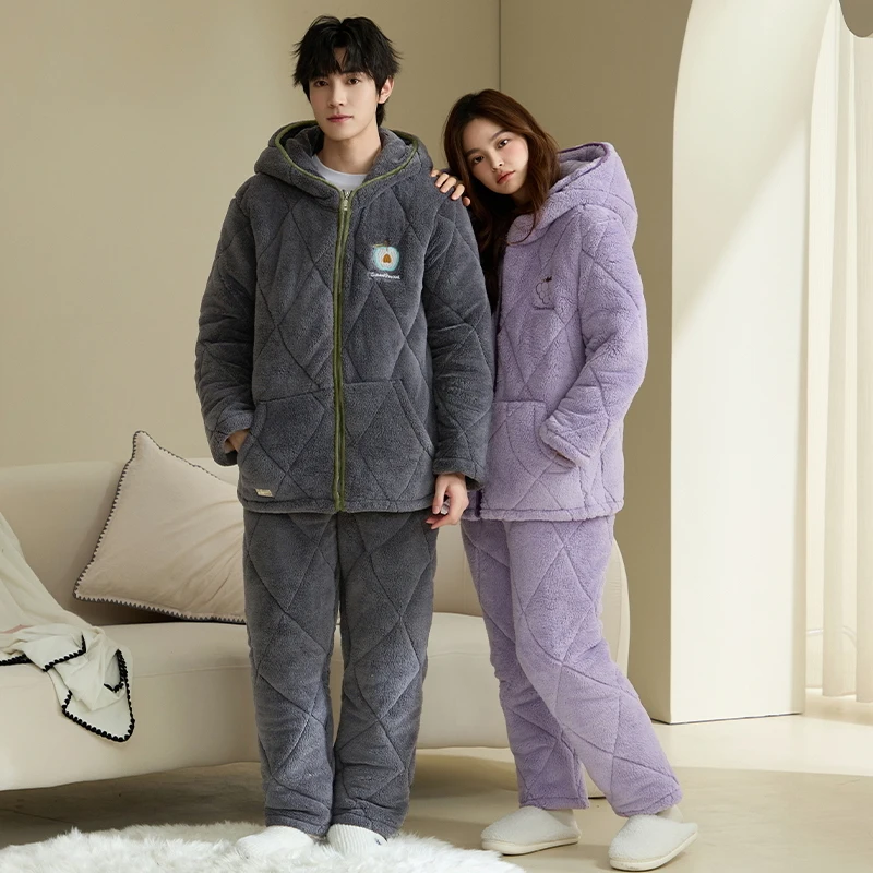 

Newest winter 3 layer clip cotton pajama set couple casual pyjamas thick warm hooded home clothing