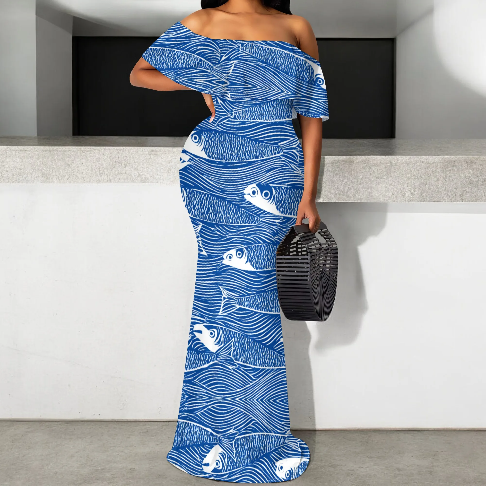

Blue Fish Print Off Shoulder Maxi Dress S-3XL Ruffle Hem Bodycon for Beach Vacation, Tropical Cruise or Summer Party Look