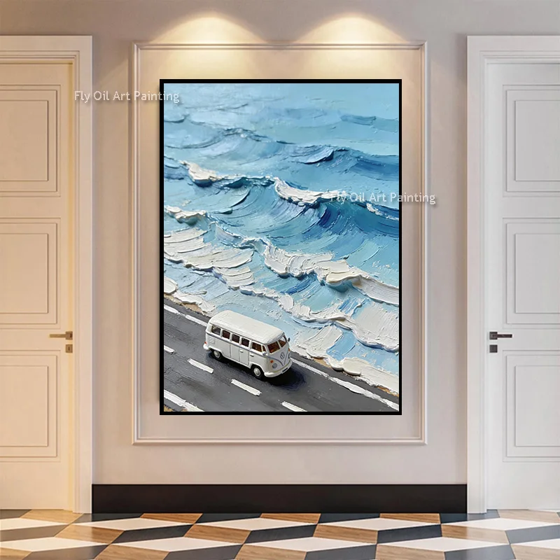 Popular Light Blue Sea View Artwork Handmade White Car Dirving By The Ocean Canvas Thick Oil Painting Abstract Original Home Wal