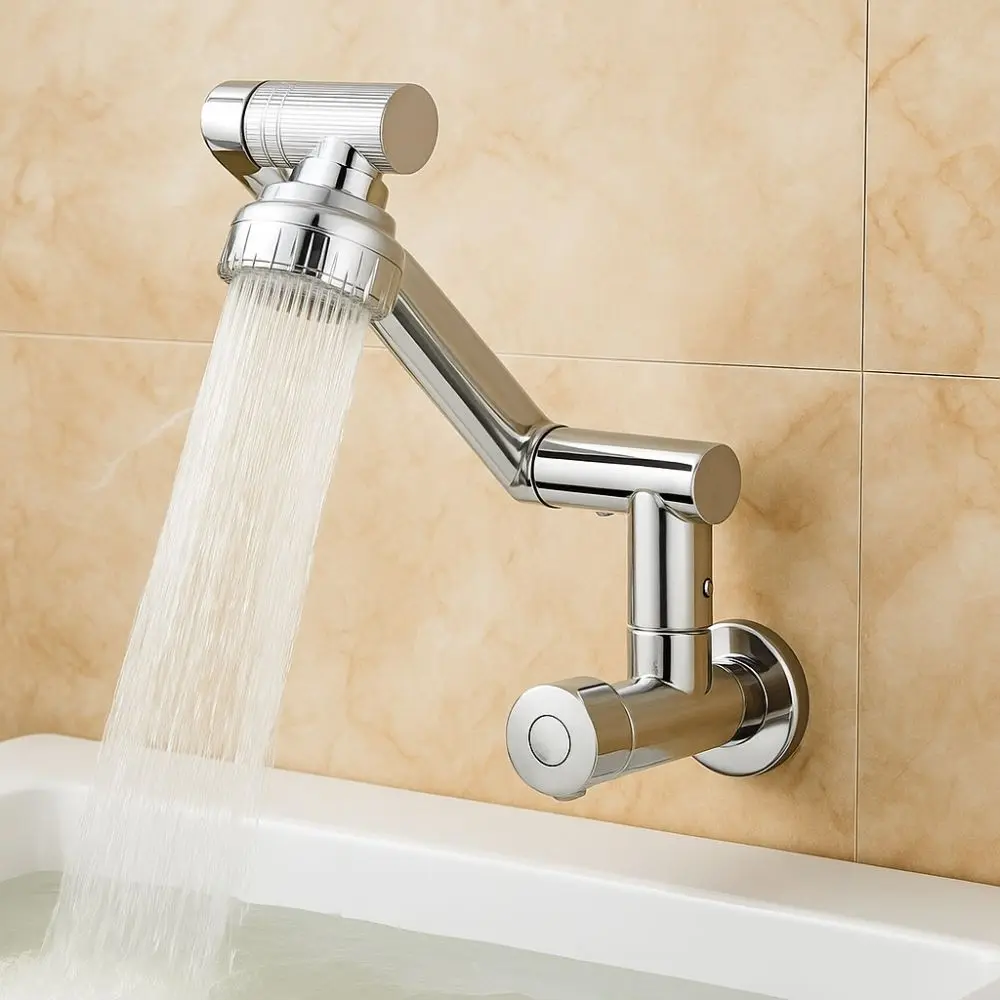 

360 ° Вращающийся настенный смеситель с хромированной отделкой, смеситель для кухонной мойки из нержавеющей стали, 2 режима, насадка, одинарный кран для холодной воды